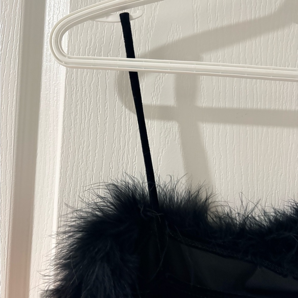Black Velvet Feather Trim Slip Dress – Spaghetti Straps – Party / Cocktail - Picture 8 of 9